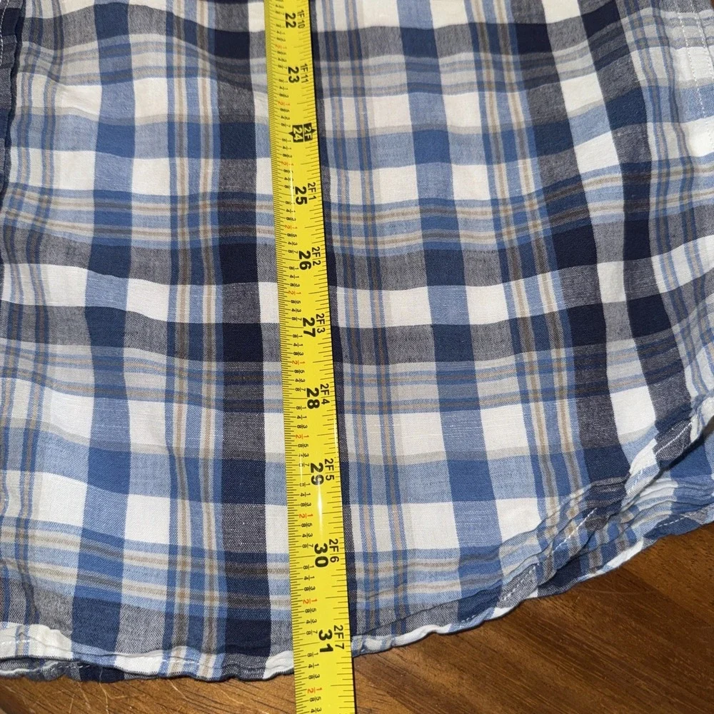 Banana Republic Shirt Men XL Tall Blue Cream Plaid Check Linen Blend Button Down
